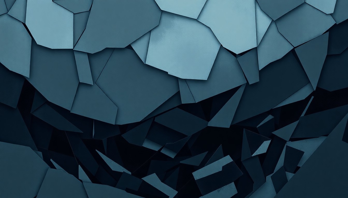 A fractured, abstract painting of an underground military complex with overlapping geometric shapes and waves of dark colors, conceptually representing the secrecy and complexity of the reported construction project.