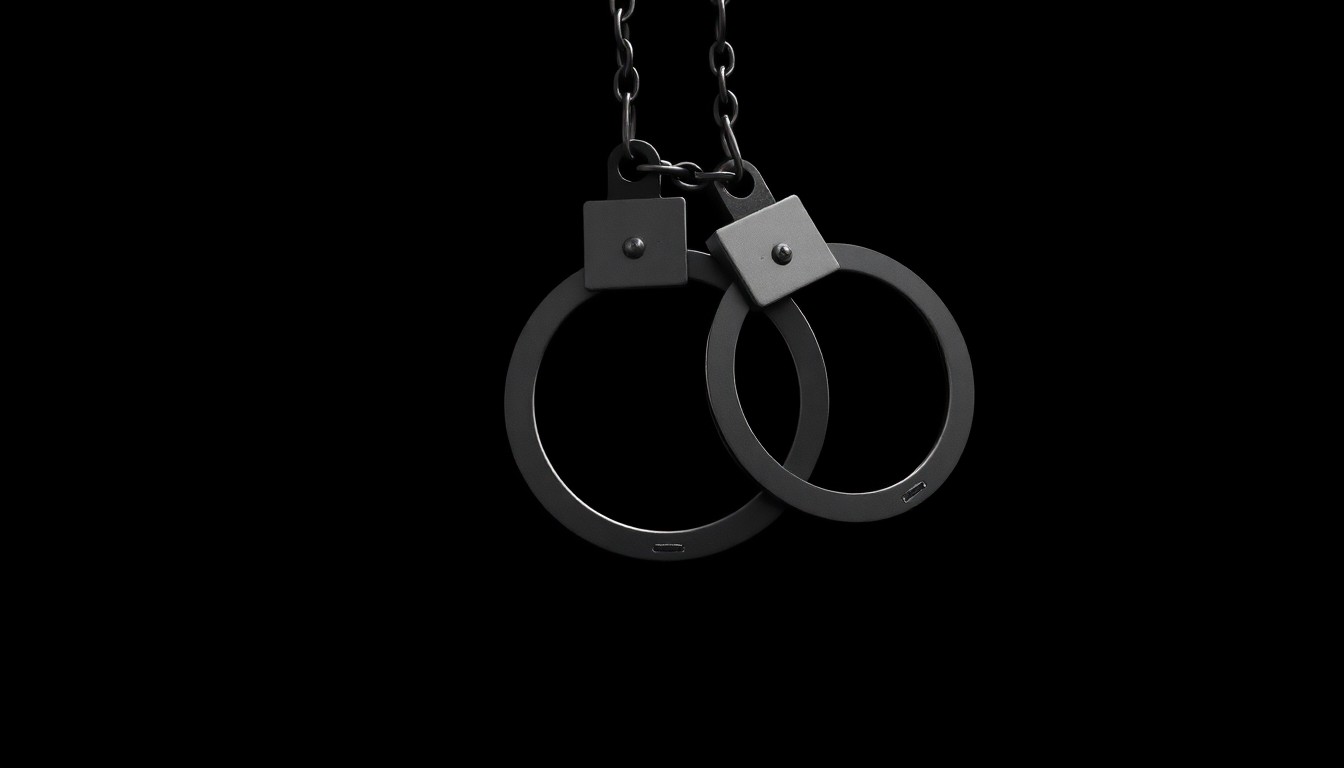 An extreme close-up of a pair of metal handcuffs against a stark black background, conceptually representing the legal consequences of a crime against a minor.