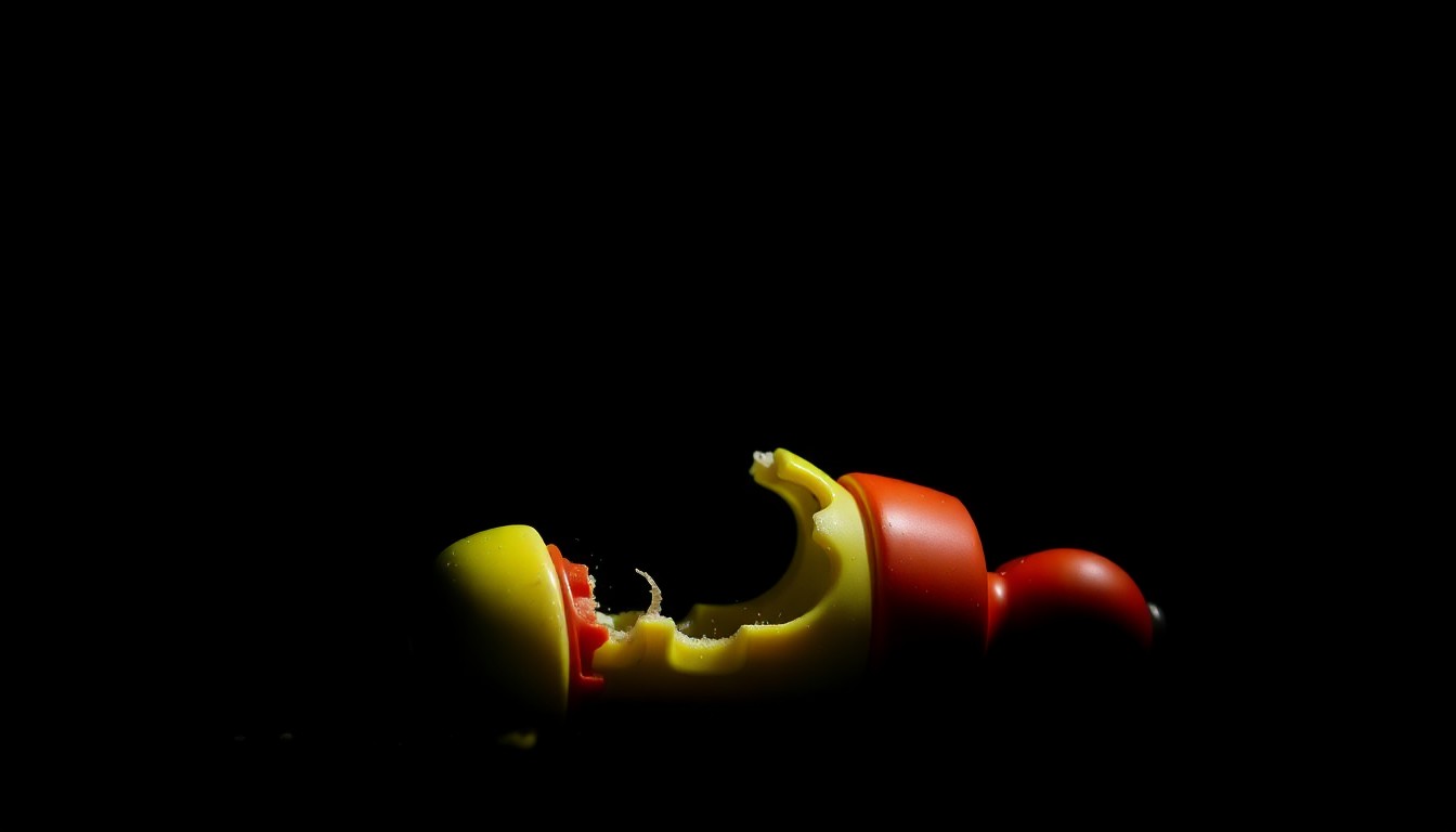 An extreme close-up of a shattered toy against a black background, conceptually representing the trauma experienced by a child victim of abuse.