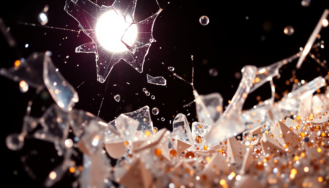 An extreme close-up photograph featuring a shattered, glittering surface of glass and sequins, conveying the high-stakes drama and celebrity glamour of the Summer House cast.