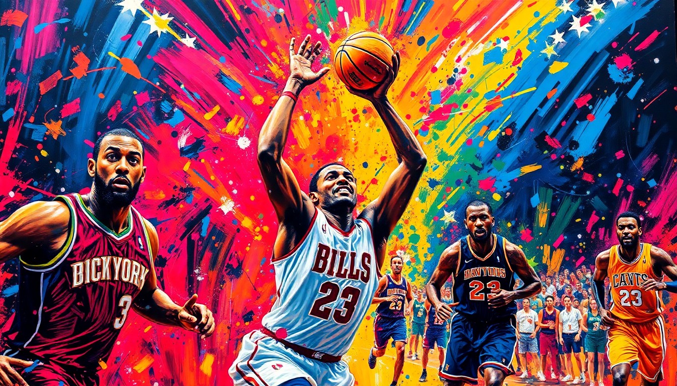 An abstract, expressionist painting in neon colors featuring blurred, fragmented figures engaged in a fast-paced basketball game, conveying the raw energy and unpredictability of daily fantasy sports.