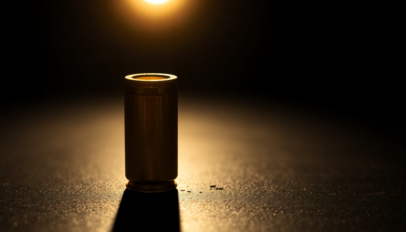 An extreme close-up photograph of a single bullet casing on a dark surface, lit by a harsh, direct camera flash, conceptually representing the aftermath of a school shooting incident.