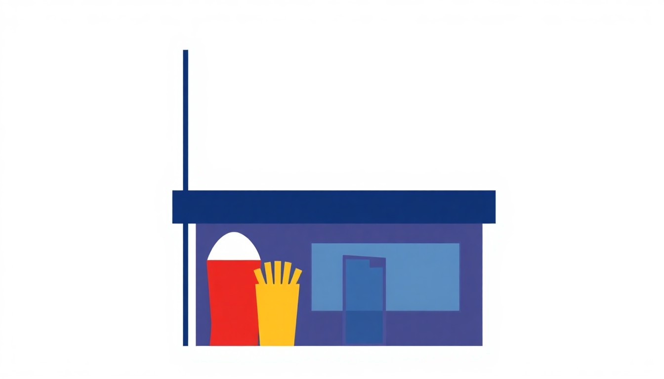 A minimalist composition of overlapping triangles and circles in shades of blue, red, and yellow, conceptually representing the economic impacts of California's fast-food wage policy.
