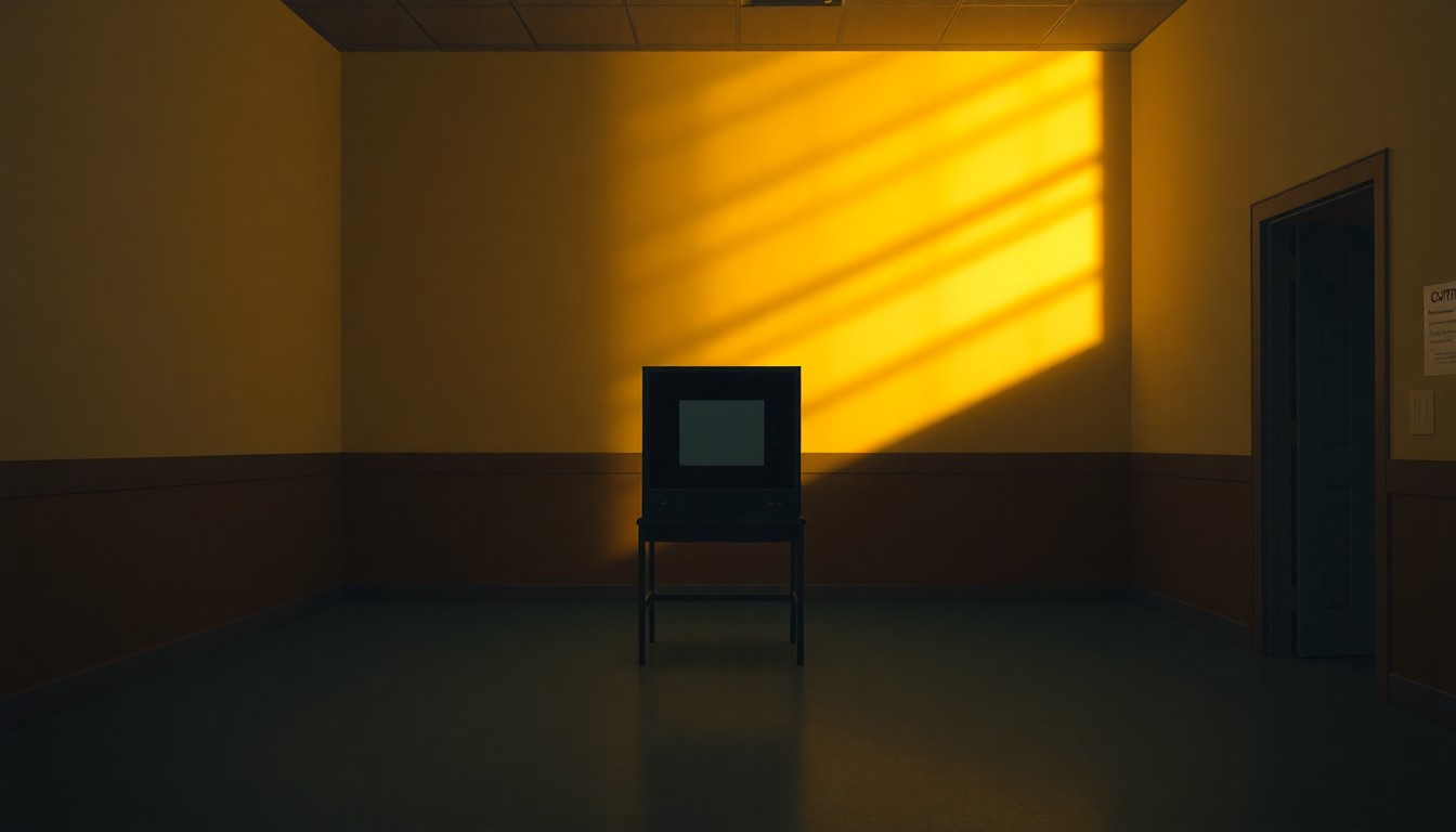 A cinematic painting depicting a solitary voting machine placed in an empty, dimly lit government office space, with warm, diagonal sunlight and deep shadows creating a contemplative, nostalgic mood.