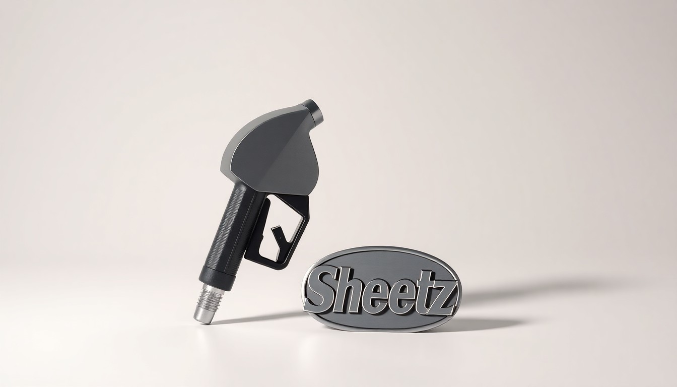 A high-end, photorealistic studio still-life photograph featuring a polished, geometric gas pump nozzle and a sleek, metallic Sheetz logo badge arranged elegantly on a clean, monochromatic background, conceptually representing the premium, modern aesthetic of the Sheetz brand.