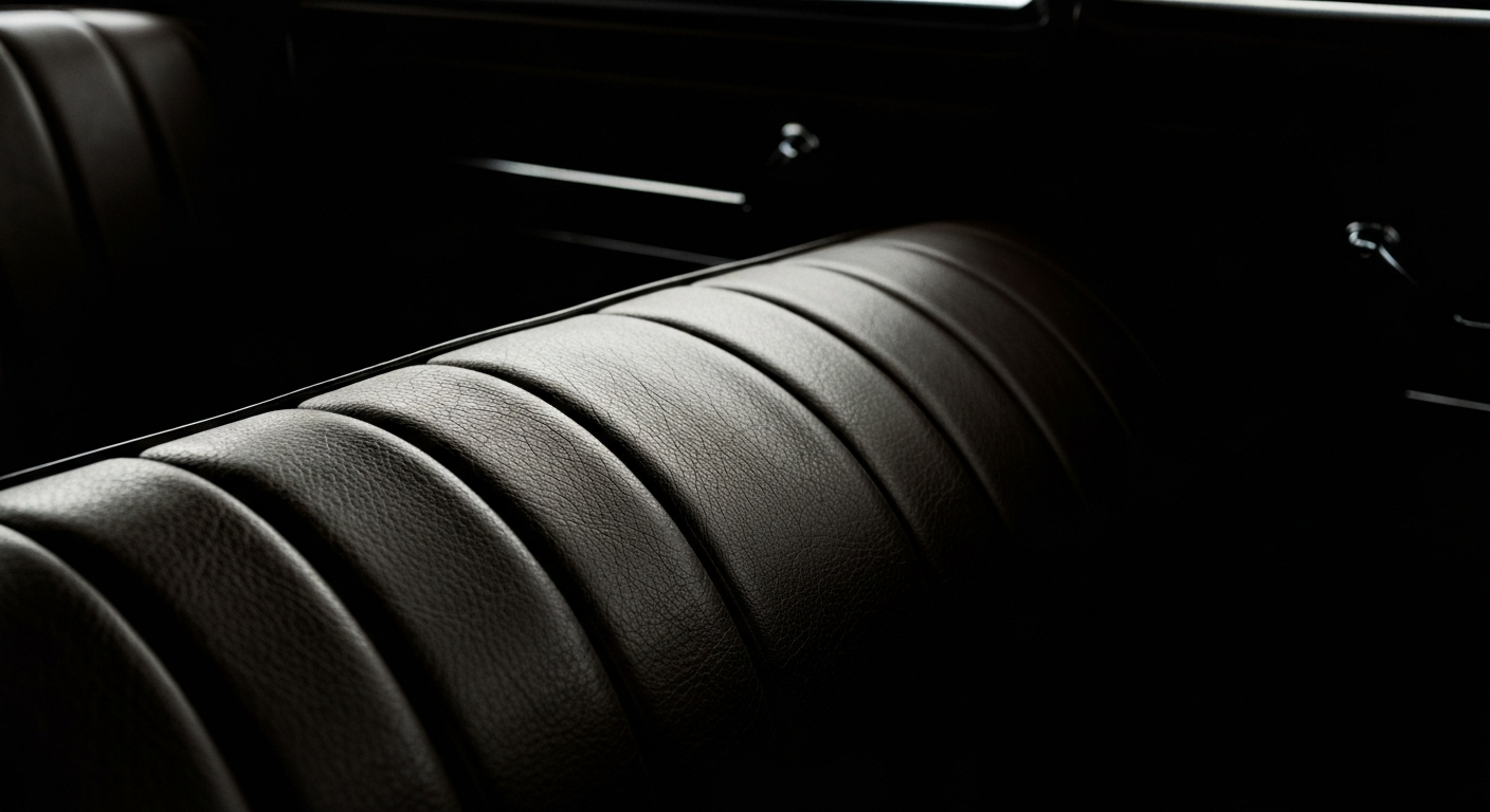 Ekstremno krupna fotografija koja prikazuje bogatu, šljunčanu teksturu kožne unutrašnjosti vozila Honda, dramatično osvijetljenu kako bi se istaknuli prirodni uzorci i boje materijala.