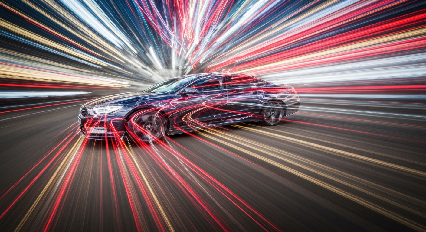 An abstract, colorful image with sweeping, blurred lines representing a new vehicle in motion, conveying the excitement and energy of driving.