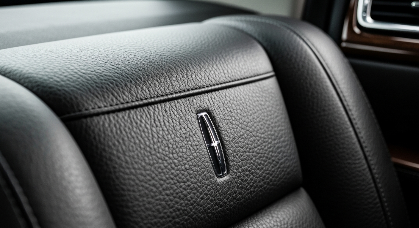 Ekstremni krupni plan teksturirane unutrašnjosti luksuzne Lincoln Navigator presvučene šljunčanom kožom, prenosi vrhunske materijale i umijeće izrade koji definiraju vozila ove marke.