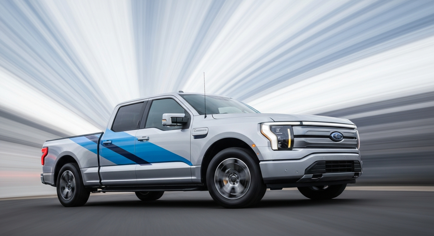 An abstract, impressionistic image of a Ford F-150 Lightning electric pickup truck, its body and lights blurred into sweeping streaks of vibrant blue, silver, and white, conveying a sense of speed, technology, and the future of electric vehicles.