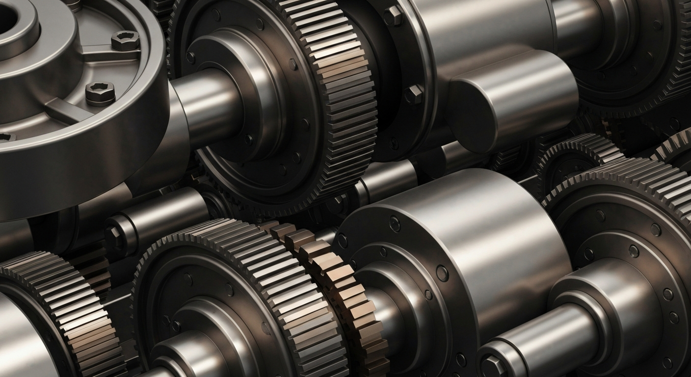 An extreme close-up of heavy, industrial machinery and gears in shades of steel grey, bronze, and black, conceptually representing the tangible financial infrastructure and institutional power of the forestry and real estate investment trust industries.