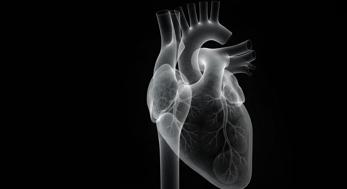 A translucent, ghostly X-ray image revealing the intricate internal structure of a human heart against a dark background, conceptually illustrating the importance of heart health.
