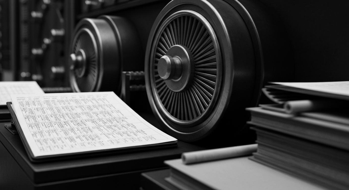 A high-contrast, black and white close-up photograph of the heavy machinery and equipment that powers the financial industry, such as bank vaults, trading terminals, or accounting ledgers, conveying the physical reality of economic forces.