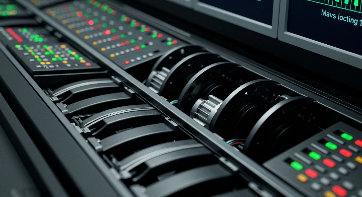 An extreme close-up of the gears, circuits, and metal components that make up the internal mechanisms of a stock trading terminal, conveying the heavy, industrial nature of modern finance as a metaphor for the challenges facing GameStop.