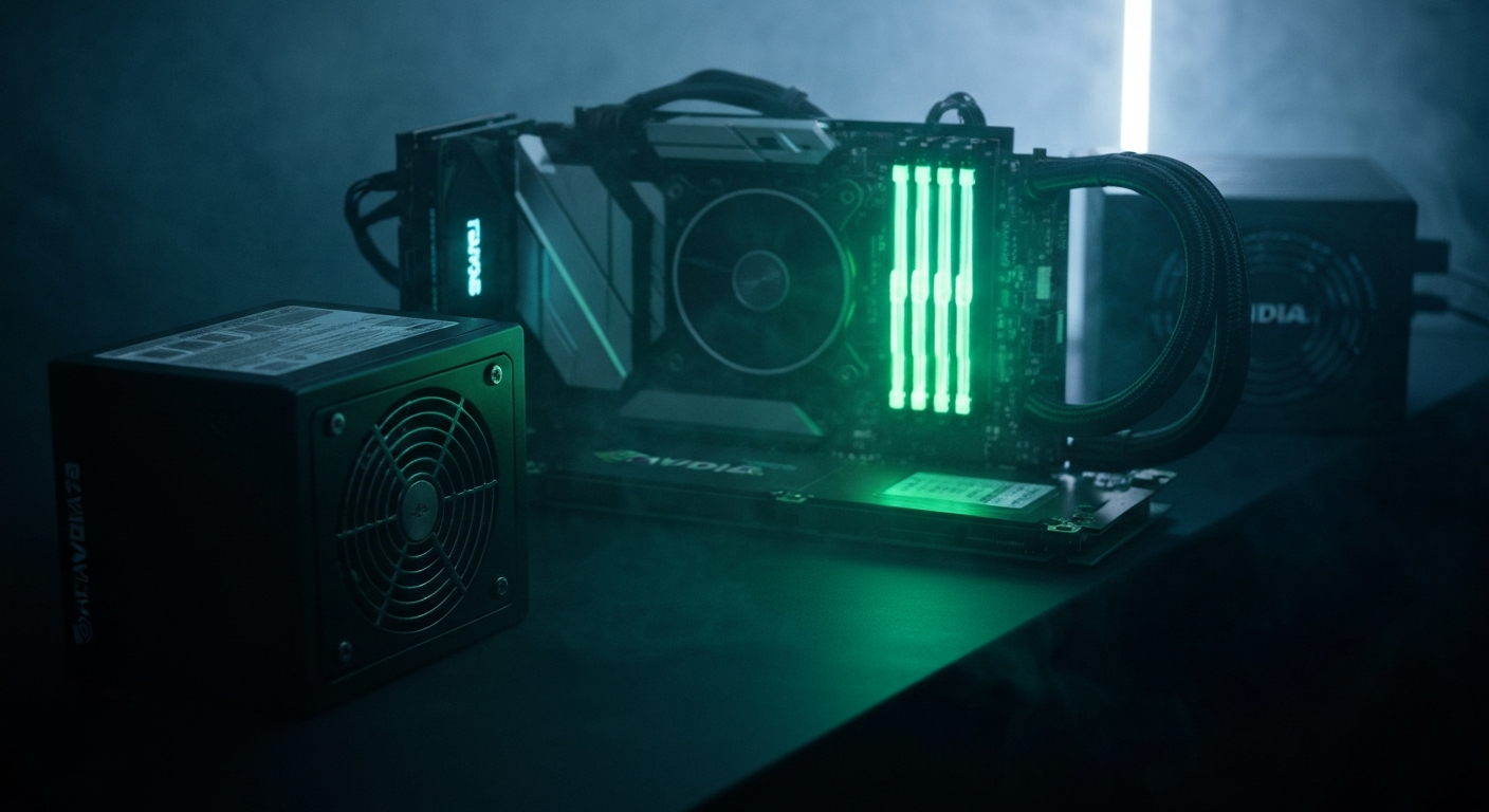 An extreme close-up of NVIDIA's intricate computer hardware components, such as circuit boards and cooling systems, captured in a cinematic, high-contrast style that conveys the power and complexity of the technology.