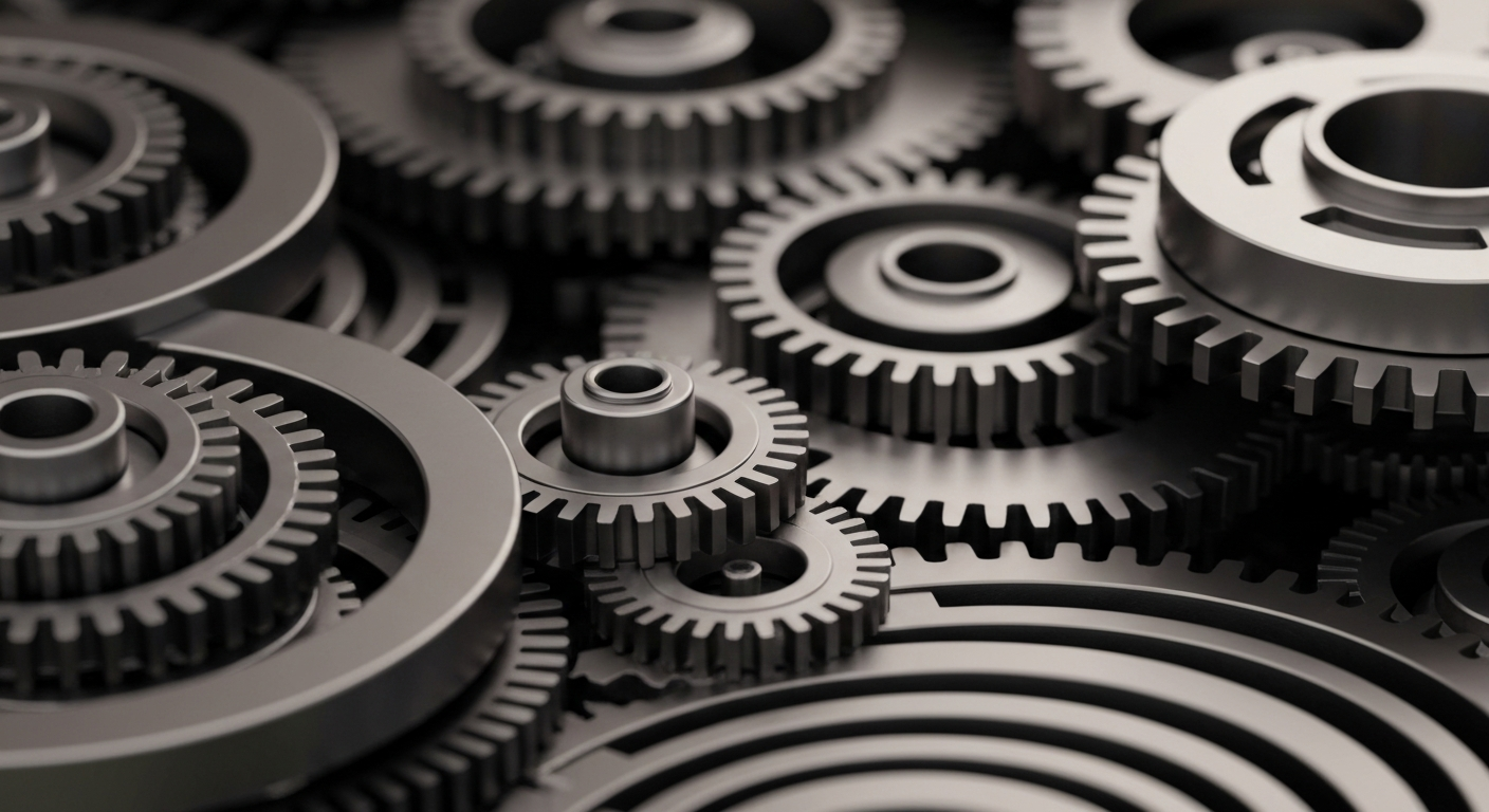 An extreme close-up of complex, interlocking metal gears and machinery in shades of steel grey, bronze, and black, conceptually representing the institutional financial infrastructure and investment behind Halozyme Therapeutics' innovative drug delivery platform.