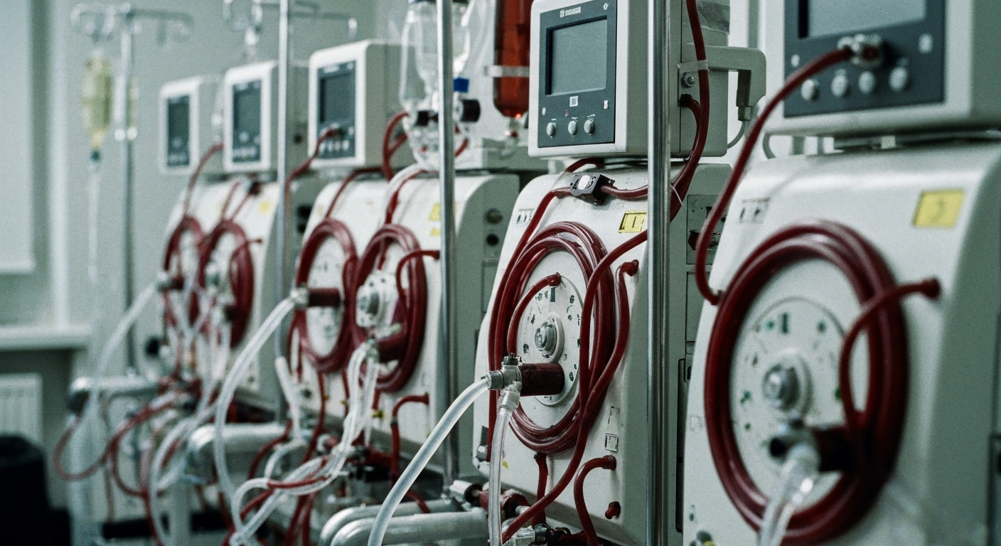 An extreme close-up of the metal pipes, valves, and monitors that make up the dialysis machinery in a treatment clinic, conveying the industrial scale and complexity of this medical technology.