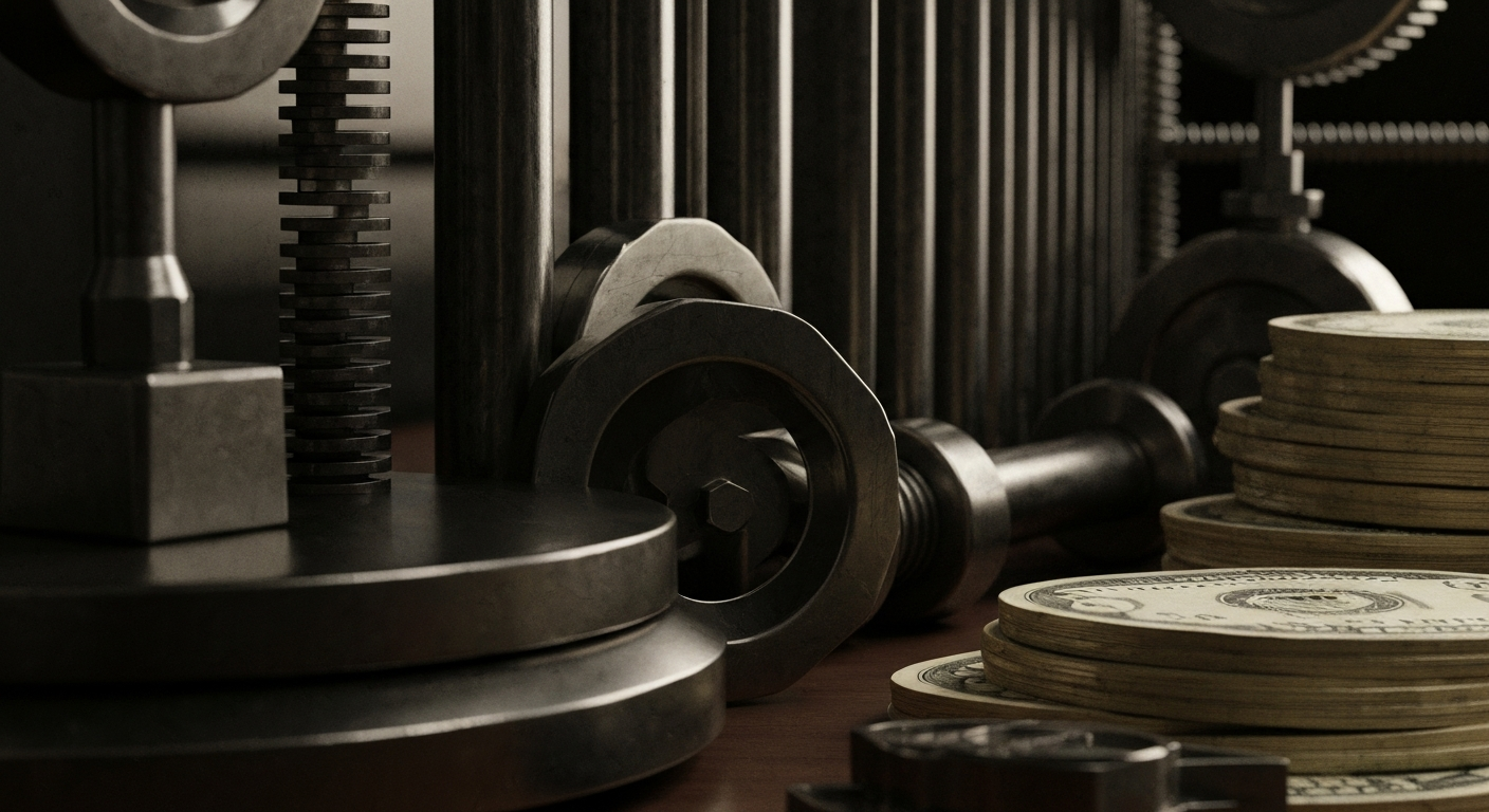 An extreme close-up of intricate, industrial-scale financial machinery and equipment, conveying a sense of institutional power and economic security without depicting any literal currency or financial symbols.
