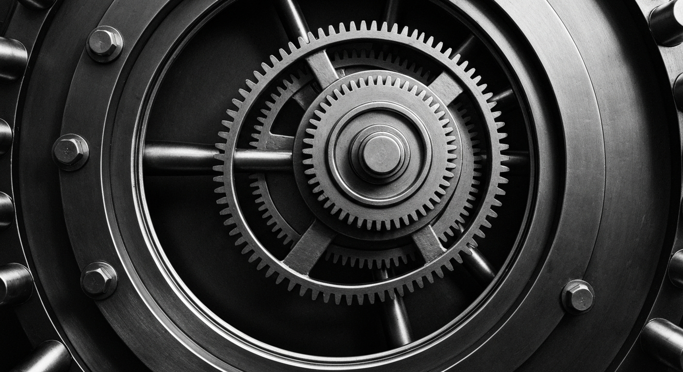 A high-contrast black and white close-up image of the intricate inner workings of a bank vault, representing the tangible, industrial strength of Huntington Bancshares' financial operations.