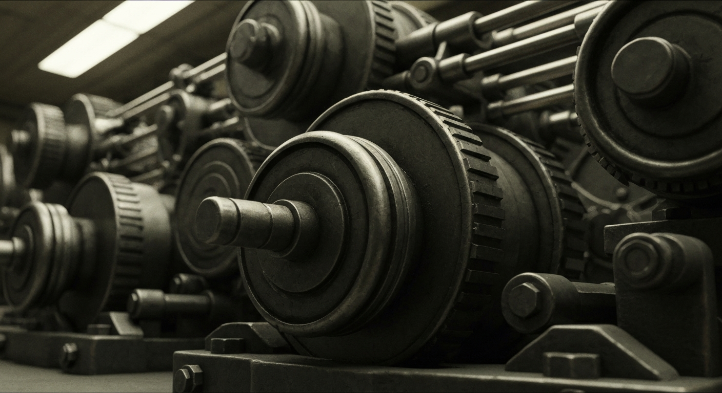 An extreme close-up of heavy, industrial banking equipment and mechanisms, conveying the physical, institutional power of the financial sector as a conceptual metaphor without using literal currency or charts.