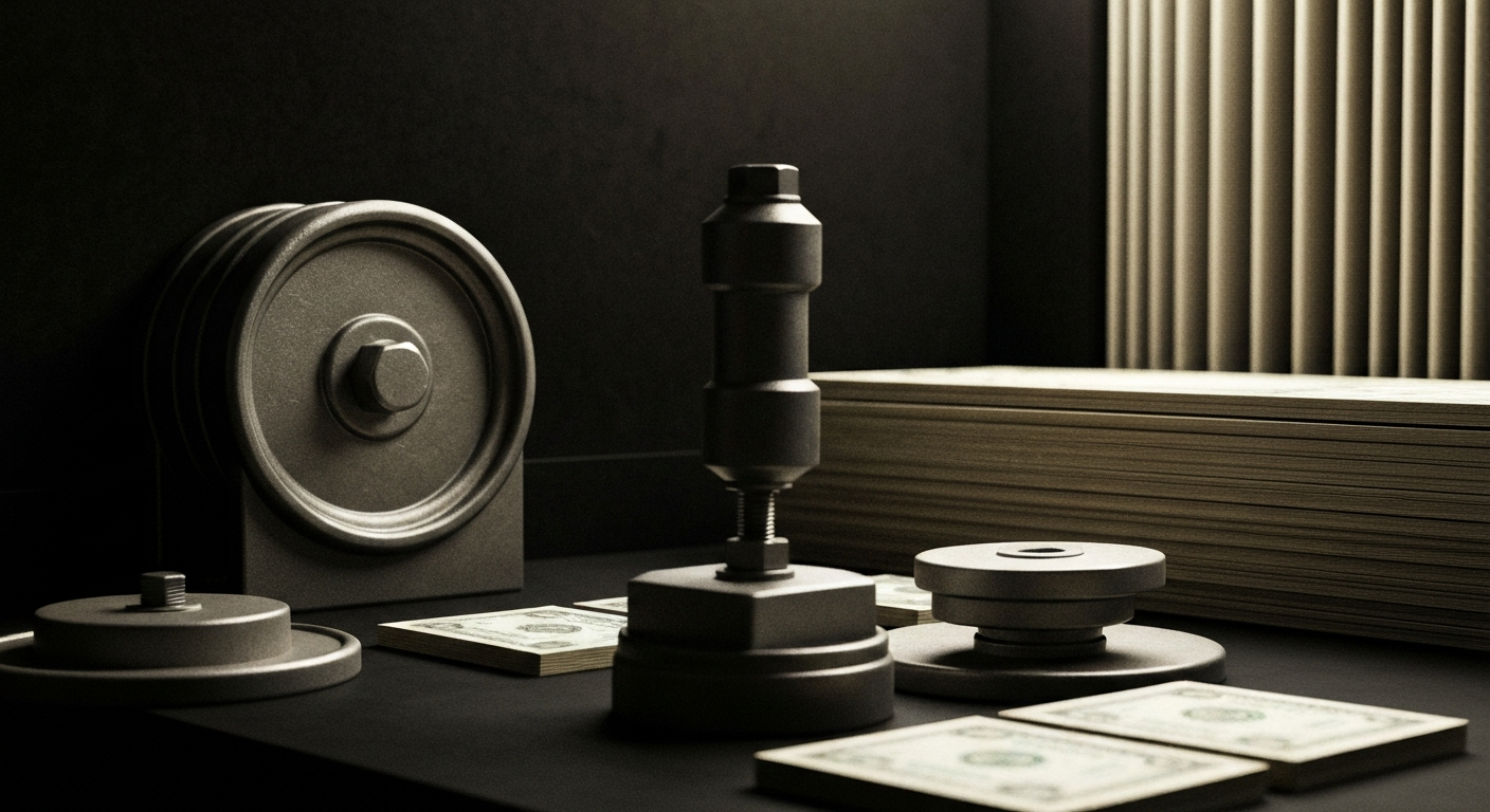 An extreme close-up of complex banking machinery and equipment, conveying a sense of institutional financial power and security through its heavy, industrial aesthetic.