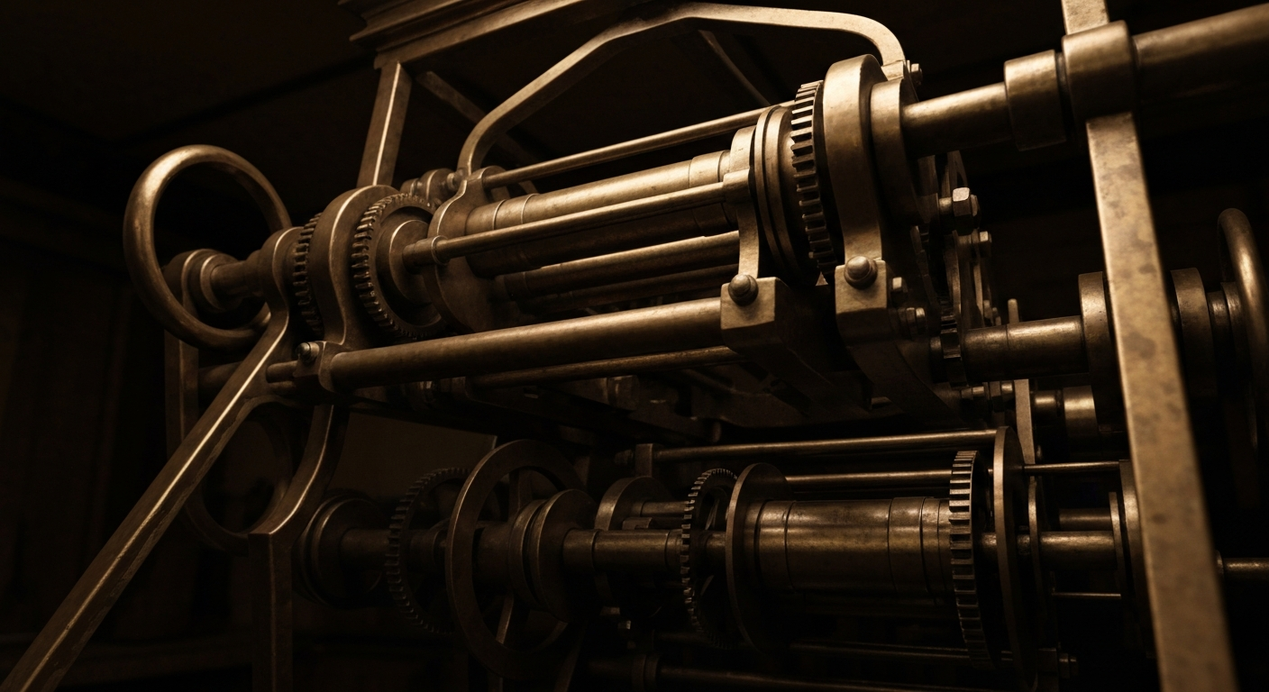 An extreme close-up of intricate, industrial banking machinery and mechanisms, conveying a sense of financial security and institutional strength without using literal currency or charts.