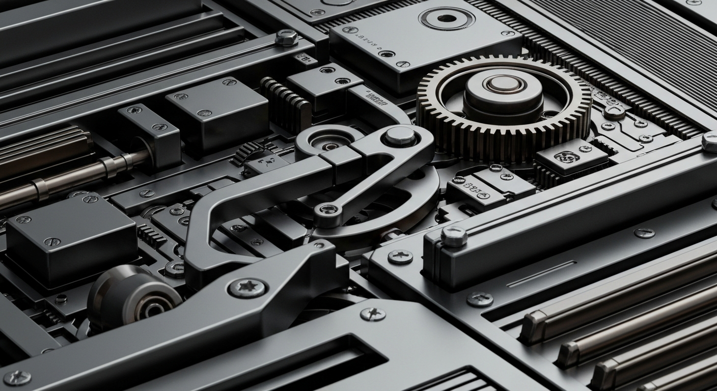 An extreme close-up of complex, interlocking metal components and circuits in shades of grey and bronze, conceptually representing the secure infrastructure powering modern financial transactions.