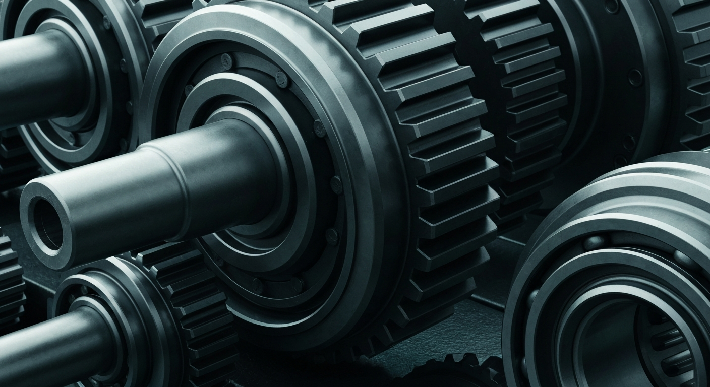 An extreme close-up of a complex, interlocking metal machinery with gears and components, conveying the industrial scale and engineering precision of Ball Corporation's packaging production.