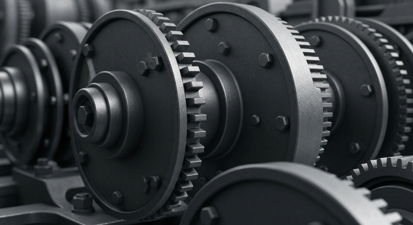 A highly detailed, black and white close-up image of the intricate gears and machinery that power the financial operations of a publicly traded company, conveying the physical, industrial nature of the stock market.