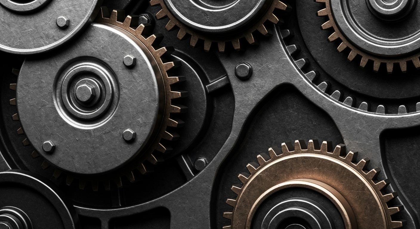 A highly detailed, cinematic close-up of heavy, industrial machinery and gears in shades of steel gray, bronze, and black, representing the tangible financial infrastructure and security of a major food manufacturing company.