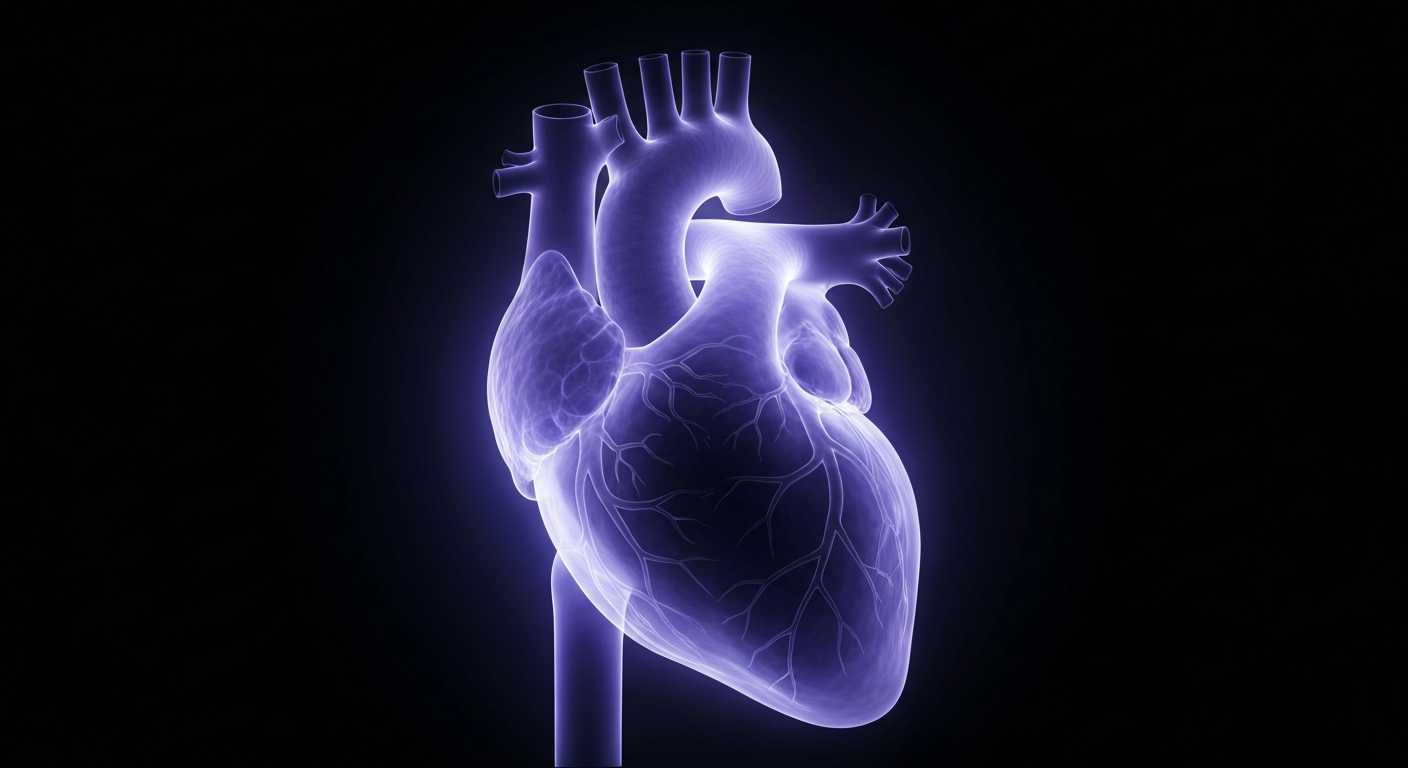 A highly detailed, translucent X-ray image of a human heart, with the intricate network of veins and arteries glowing against a dark background, conveying the protective benefits of GLP-1 drugs on the cardiovascular system.