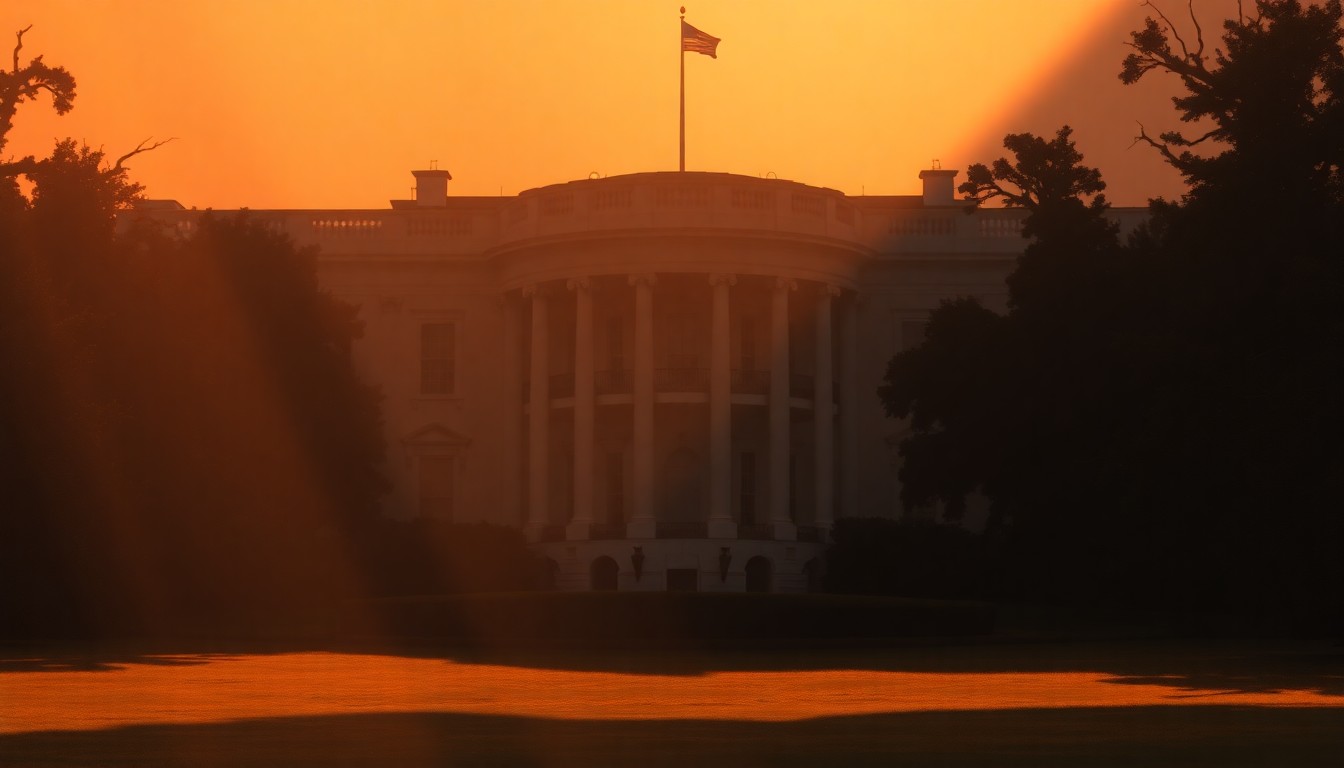 A cinematic painting of the White House East Wing bathed in warm, diagonal sunlight, with the faint outline of a grand ballroom structure emerging from the shadows, conveying a sense of historical weight and political tension.