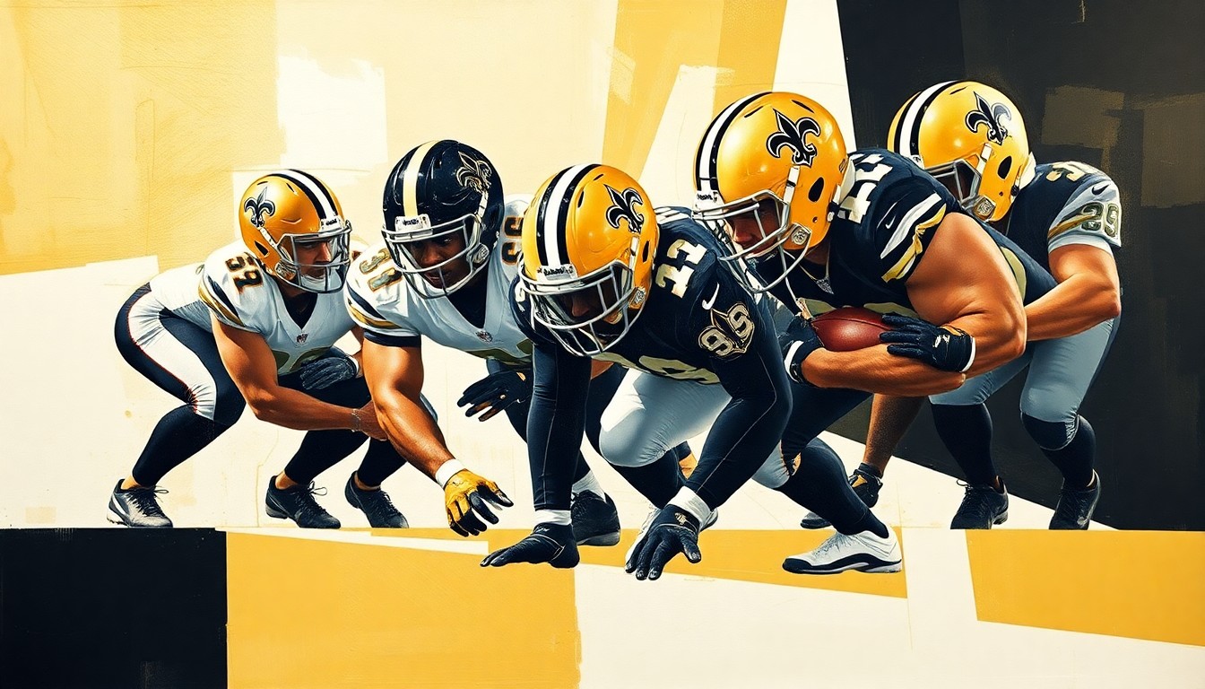 A cubist, geometric painting depicting the fragmented, multi-angled movements of an offensive line, using the colors of the New Orleans Saints to conceptually represent the team's need to find a replacement for their departing center.