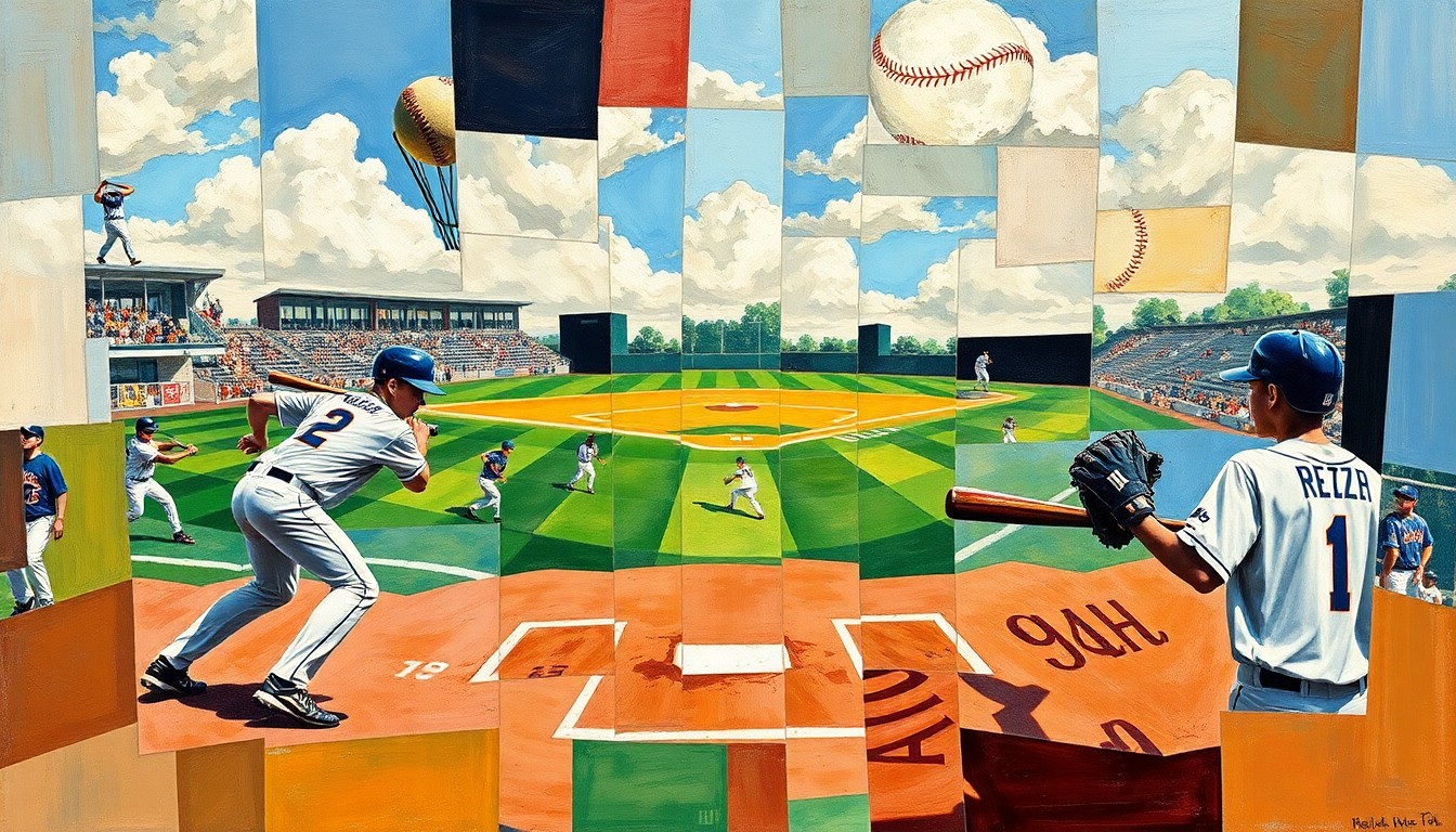 A cubist, geometric painting depicting the dynamic action of a high school baseball game, with fragmented players, bats, and baseballs overlapping in an abstract composition.
