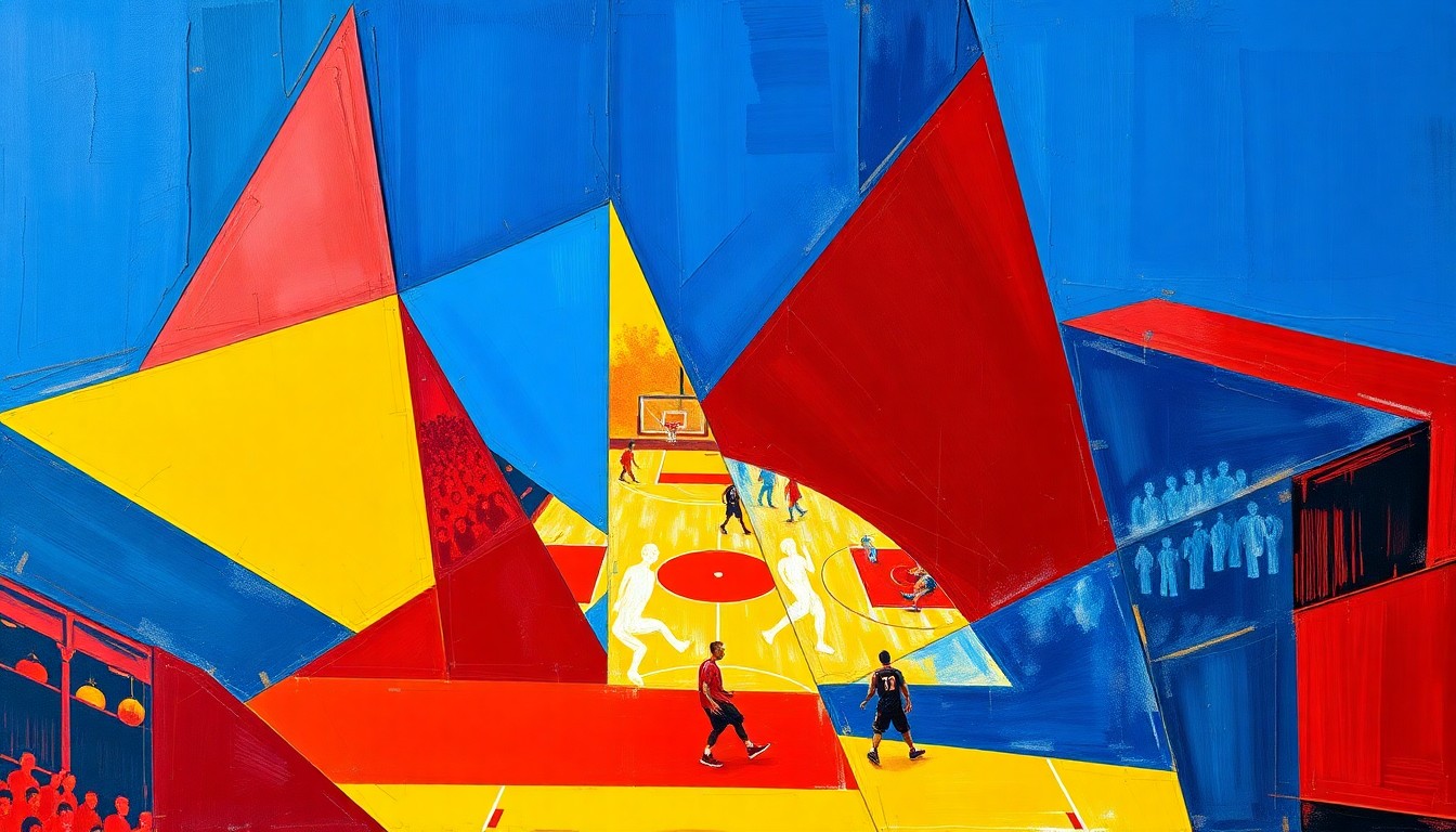 A cubist, geometric painting depicting the dynamic action of a college basketball game, with players and the court fragmented into overlapping planes of bright blue, red, and yellow hues.