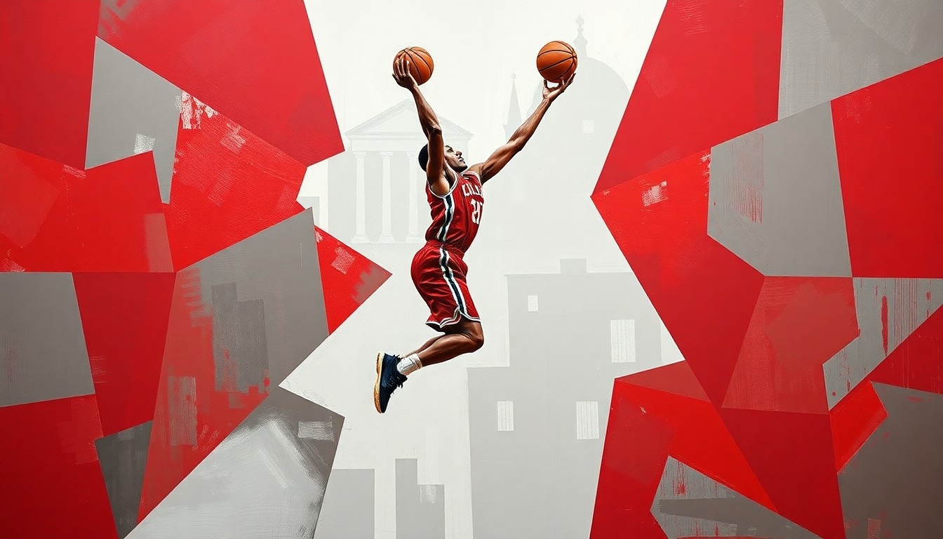 A fragmented, cubist-style painting depicting a college basketball player in motion, broken down into sharp, overlapping geometric shapes in crimson and gray tones, conveying the upheaval and transition facing the Washington State program.