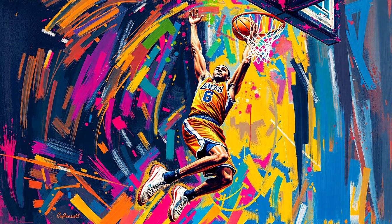An extreme close-up of a 7-foot basketball player in mid-dunk, with vibrant neon brushstrokes capturing the raw power and energy of the moment.