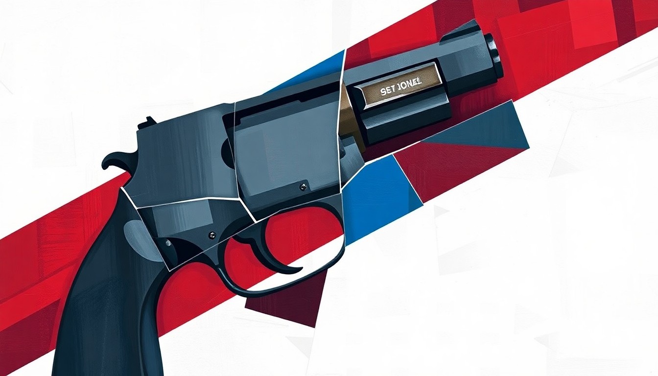 A fragmented, abstract painting of a handgun in shades of grey, blue, and red, conveying the complex and contentious nature of the debate over gun rights and public safety.