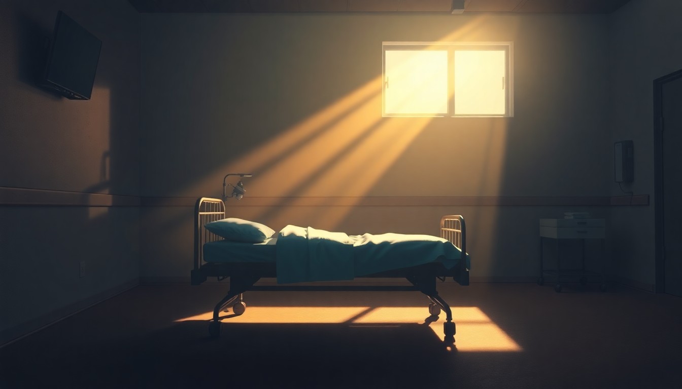 A quiet, cinematic painting of a lone military hospital bed bathed in warm, diagonal sunlight and deep shadows, conveying a sense of solitude and the weight of unresolved medical issues for injured soldiers.