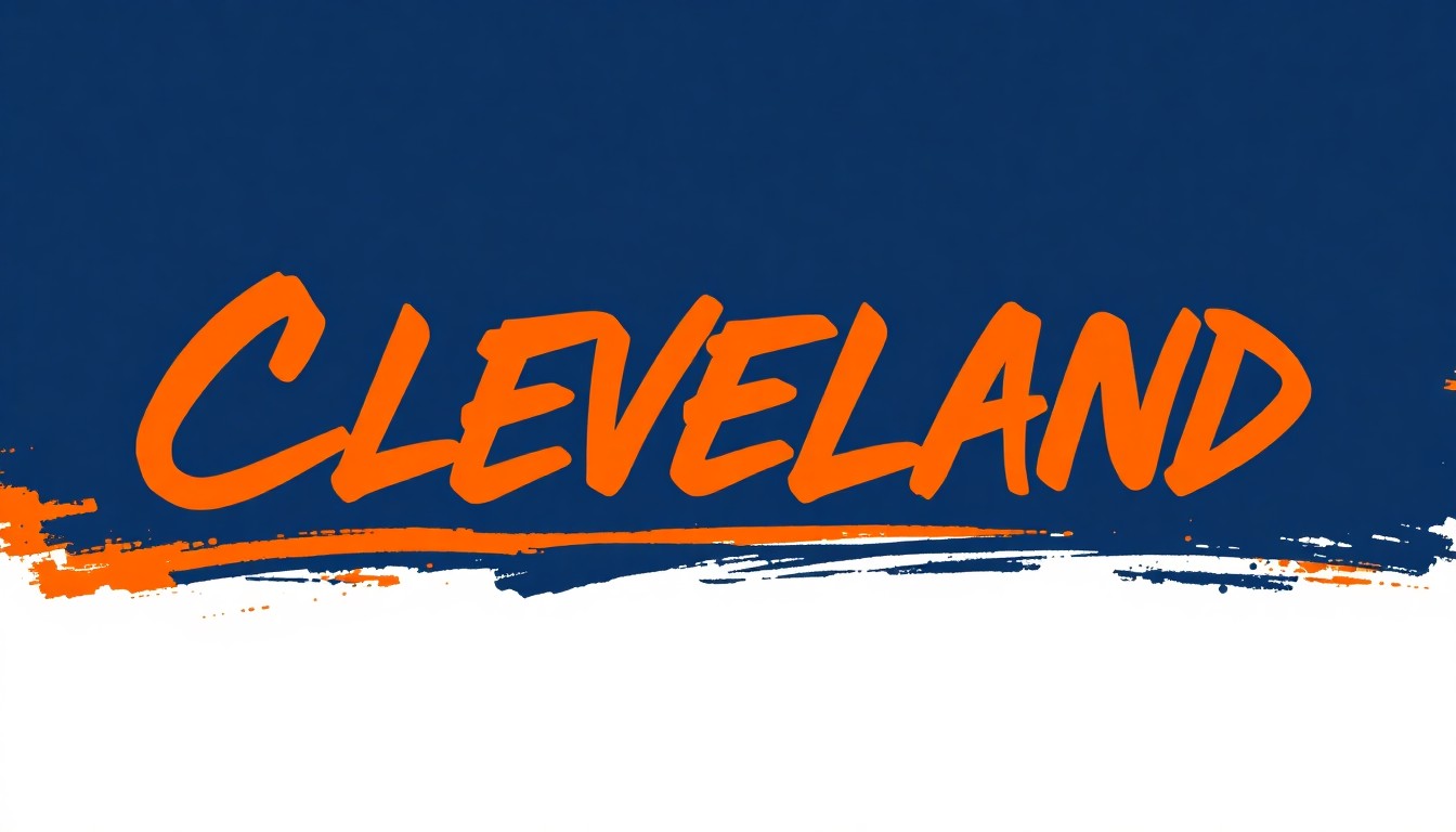 A dynamic, abstract illustration using bold, sweeping brushstrokes in navy blue, orange, and white, capturing the energy and excitement of Cleveland sports fans anticipating the upcoming seasons for their local teams.