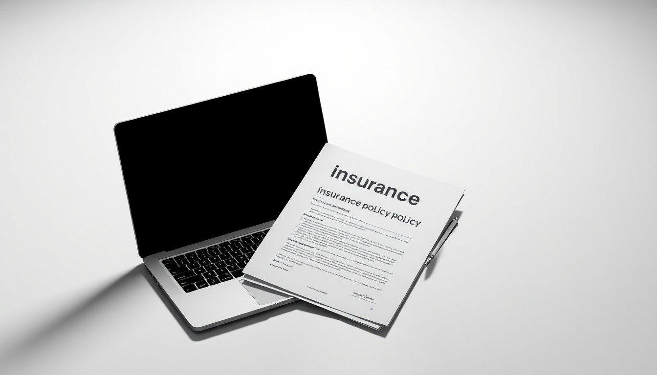 A minimalist studio still life featuring a stack of insurance policy documents, a laptop, and a pen arranged elegantly on a clean, monochromatic background, conceptually representing the integration of AI-powered insights into insurance operations.