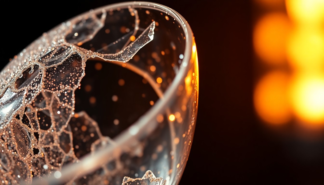 An extreme close-up photograph of the shattered, glittering remains of a cocktail glass, capturing the luxurious textures and high-contrast glamour of the bar industry.