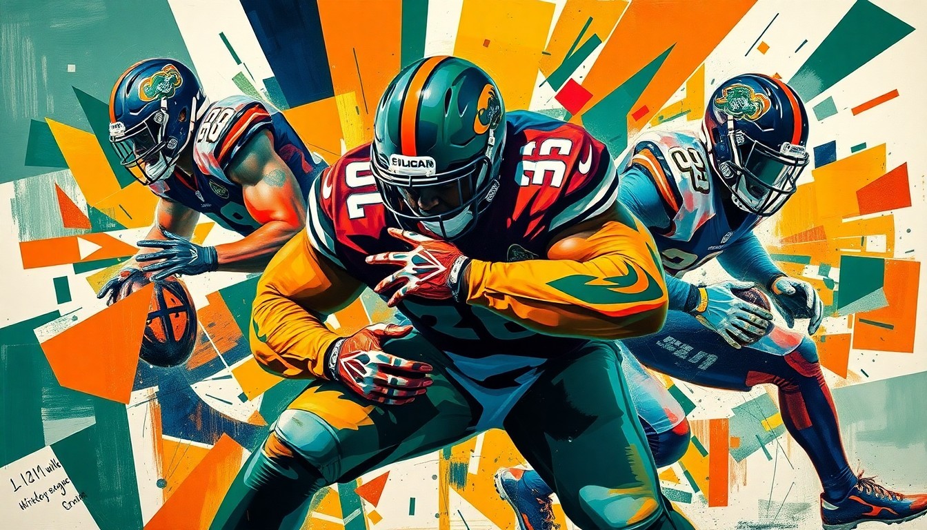 A fragmented, abstract painting depicting the explosive movements and collisions of a defensive lineman, with sharp geometric shapes and planes in deep green, orange, and blue hues.
