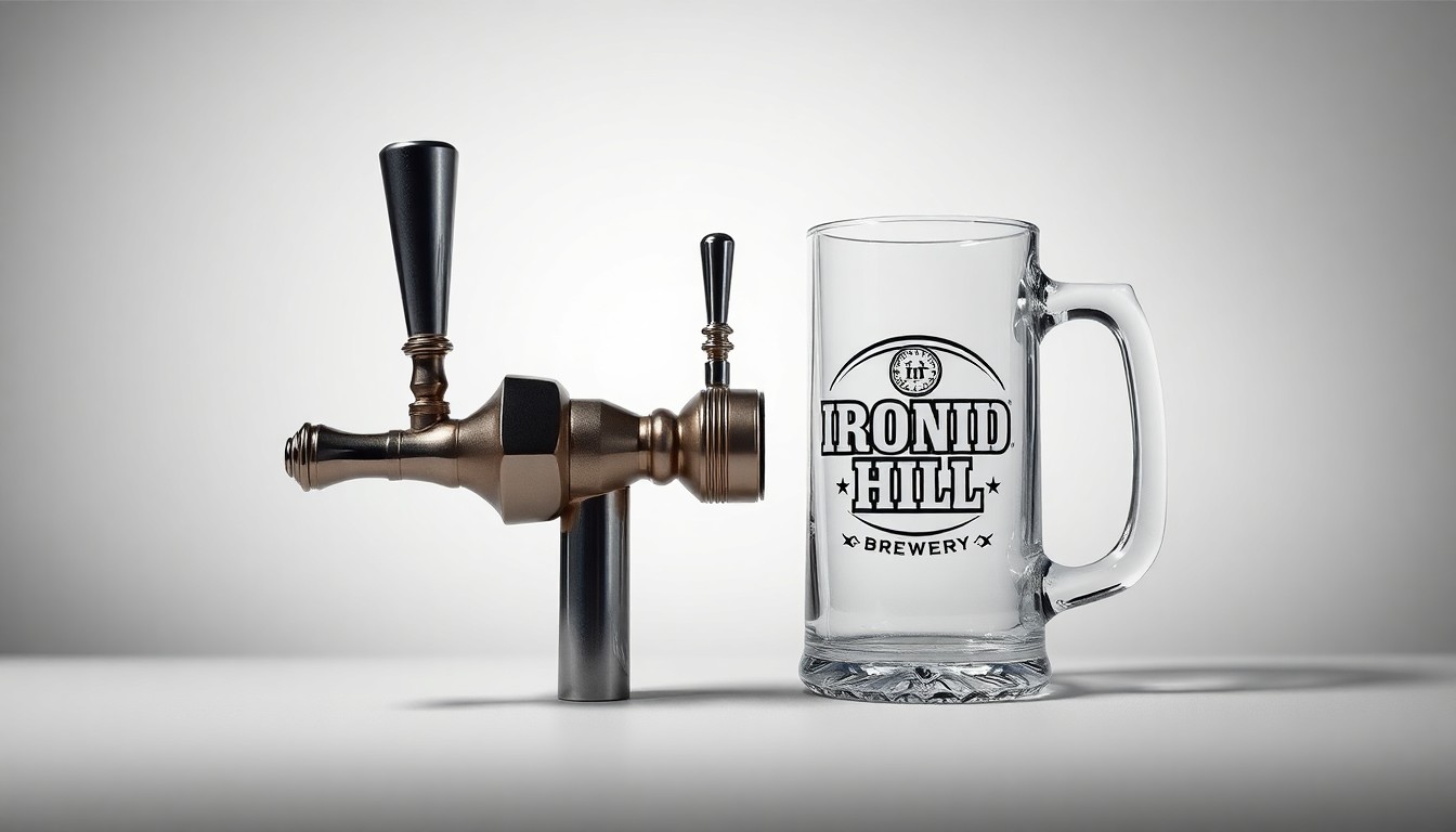 A high-end, photorealistic studio still-life photograph featuring a polished, geometric metal beer tap handle and a glass beer stein on a clean, monochromatic background, conceptually representing the premium quality and craftsmanship of the Iron Hill Brewery brand.