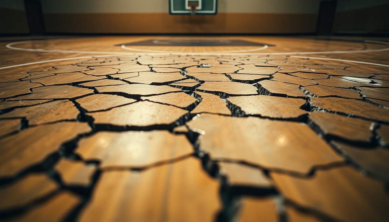 An extreme close-up of a cracked and shattered basketball court surface, captured in dramatic high-contrast studio lighting to create a conceptual illustration of the fragile state of college basketball's integrity.