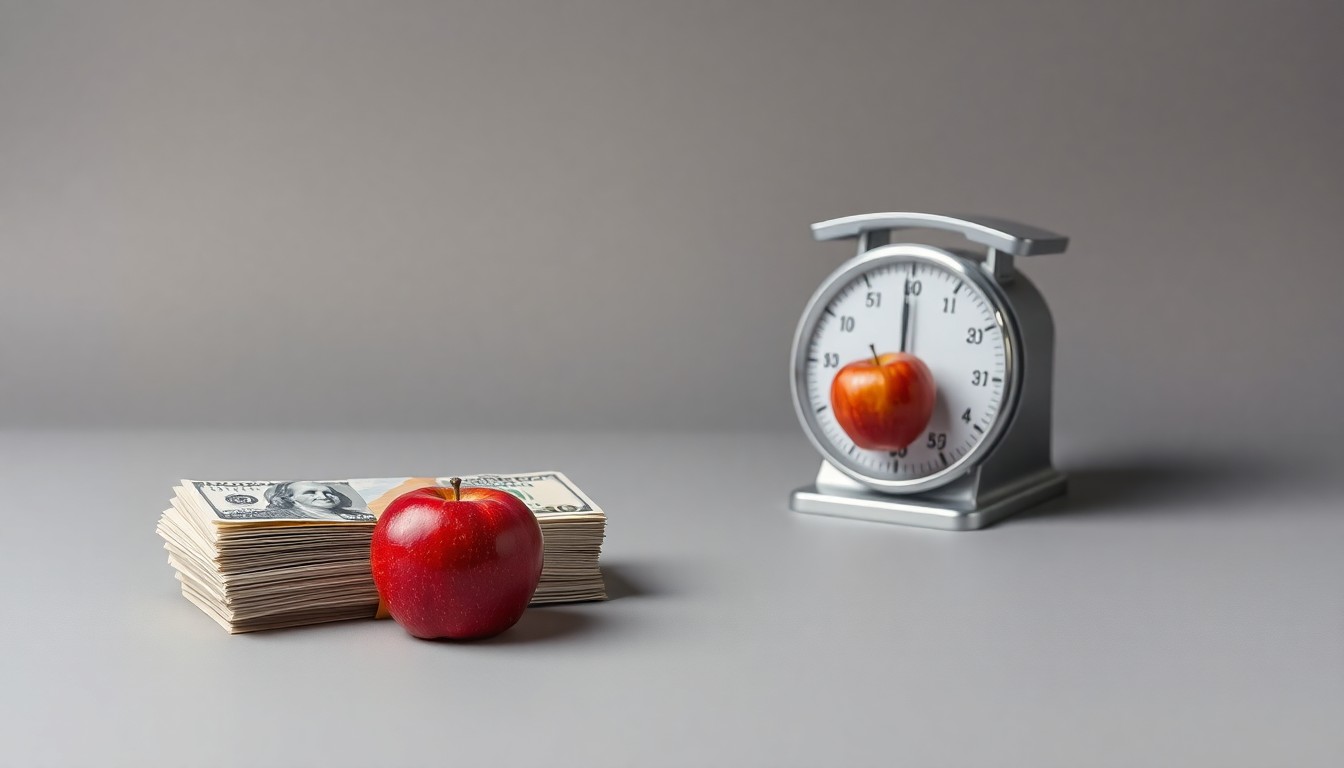 A photorealistic studio still life featuring a stack of crisp dollar bills, a polished metal food scale, and a single red apple, symbolizing the massive wealth and precision behind Kirsh's food distribution empire.