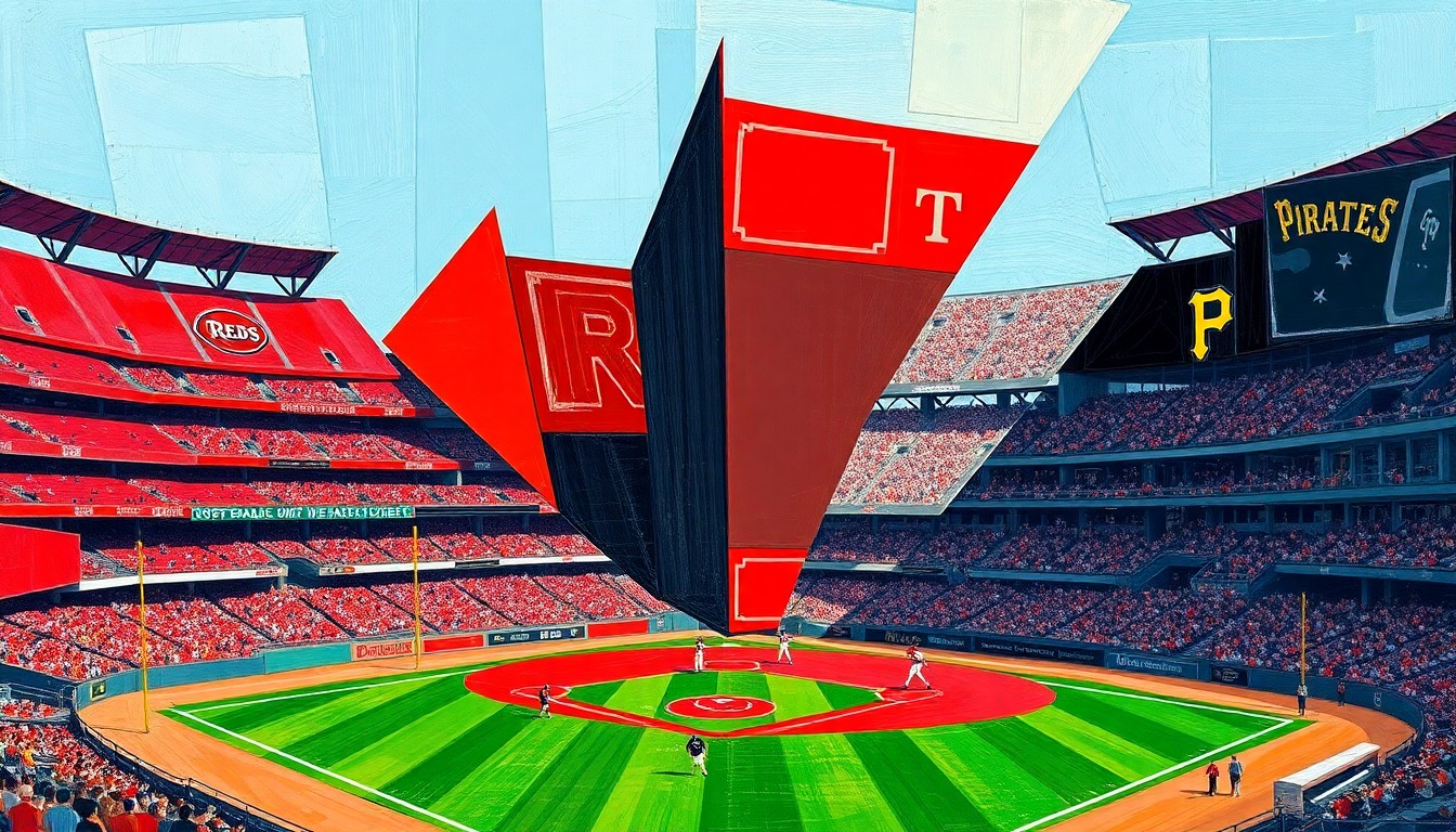 A cubist, geometric painting depicting a baseball game in progress, with the players and field fragmented into overlapping planes of red, black, gold, and green.