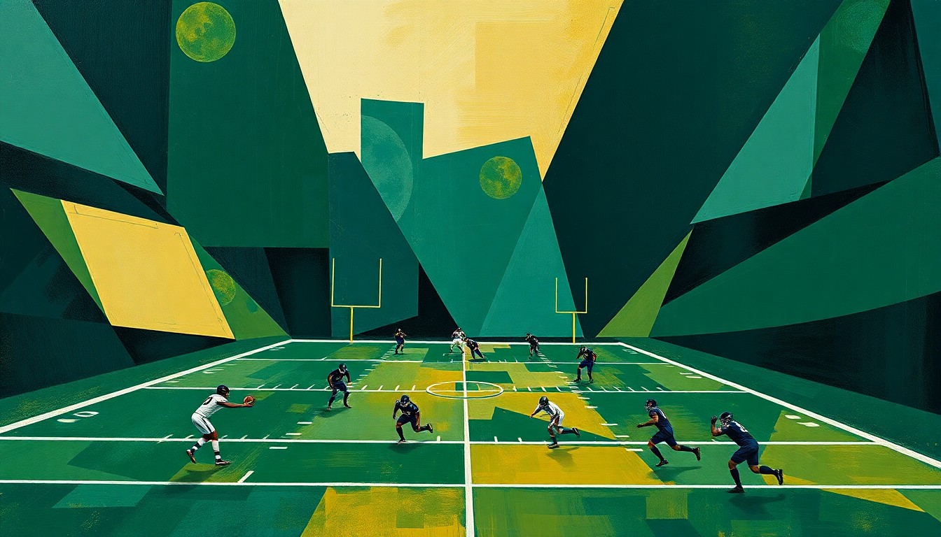A cubist, geometric painting depicting an abstracted football game, with players and the field reduced to angular, overlapping shapes in a palette of dark green, navy blue, and gold, conveying the conceptual idea of a team's postseason disappointment and leadership's response.