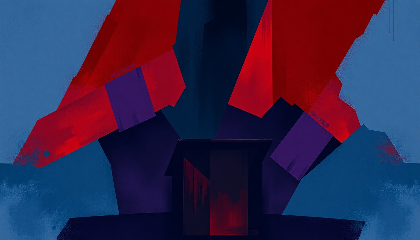 A fractured, abstract painting of a city council podium in shades of blue, violet, and crimson, conveying the divisive political tensions surrounding this case.