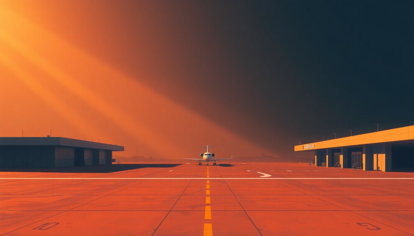 A serene, photorealistic painting of an airport terminal building in warm, golden light, with a private jet visible in the distance, conveying a sense of quiet contemplation about the political implications of renaming public spaces.
