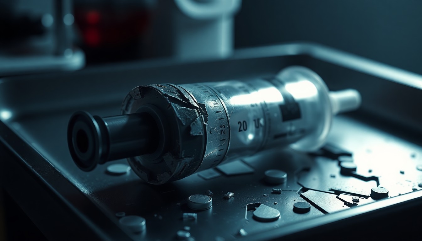 An extreme close-up of a heavily textured, cracked and distressed medical equipment surface, such as a shattered syringe or dented surgical tray, captured in dramatic high-contrast studio lighting to convey the high-stakes, high-pressure environment of an urban trauma center.